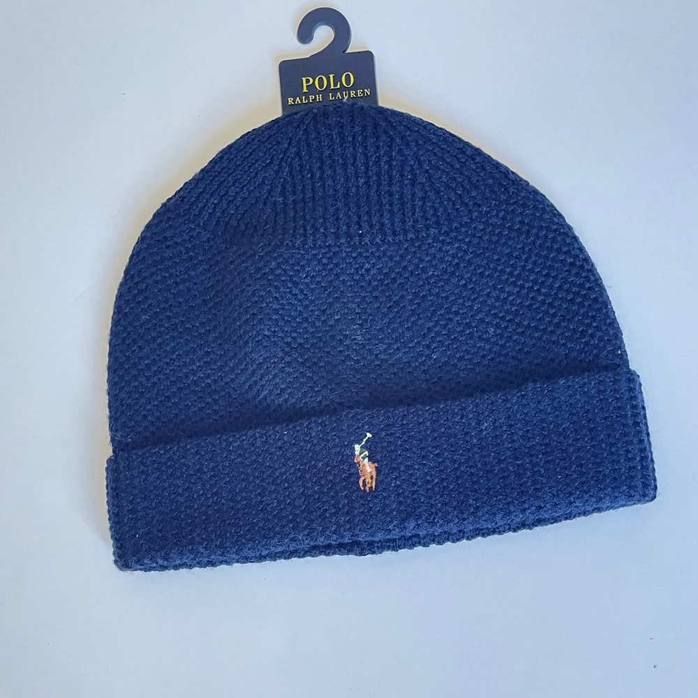 Polo by Ralph knitted Navy Blue beanie with classic pony.